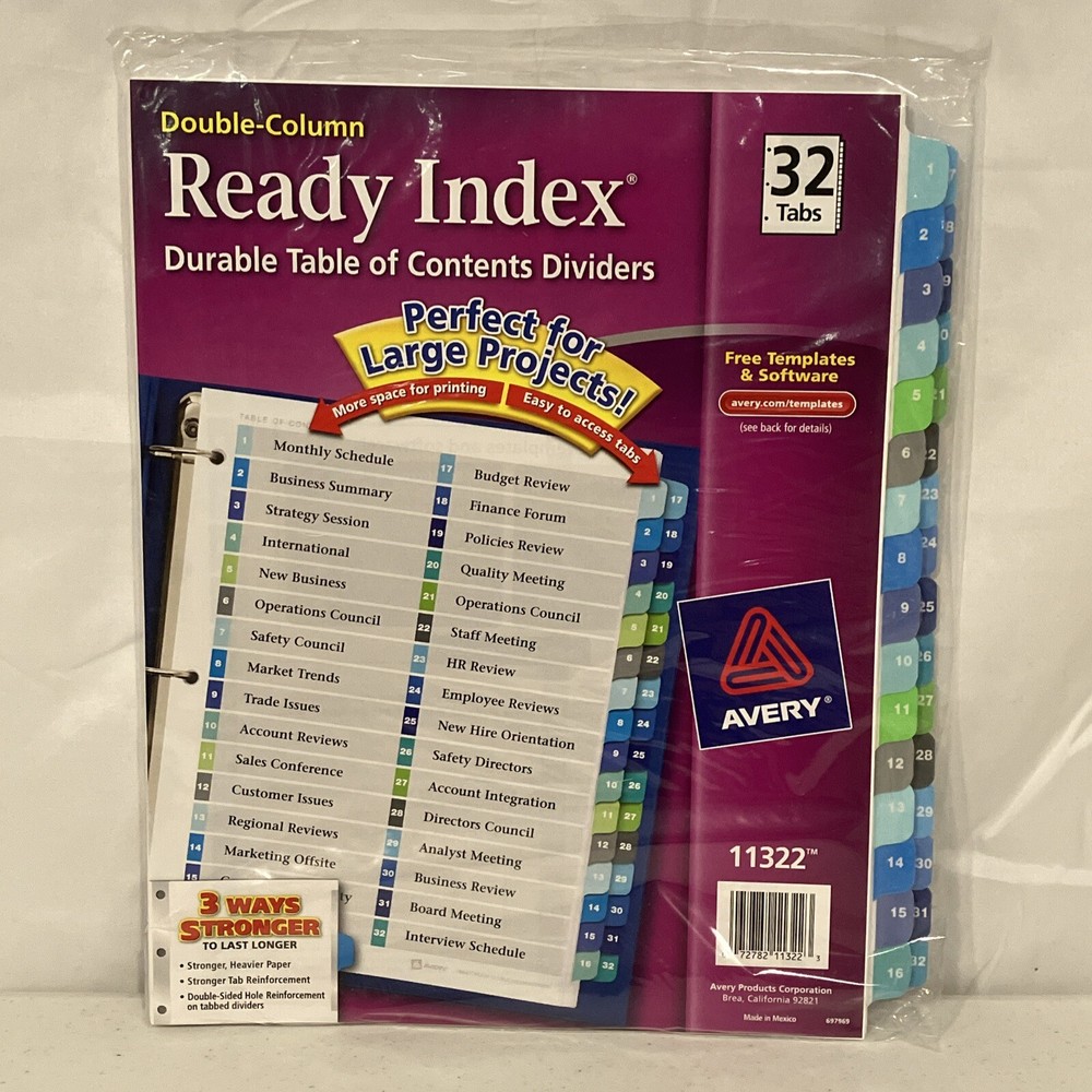 Avery Double Column Ready Index 32 Tab Dividers, Customizable TOC, 1 Set 11322