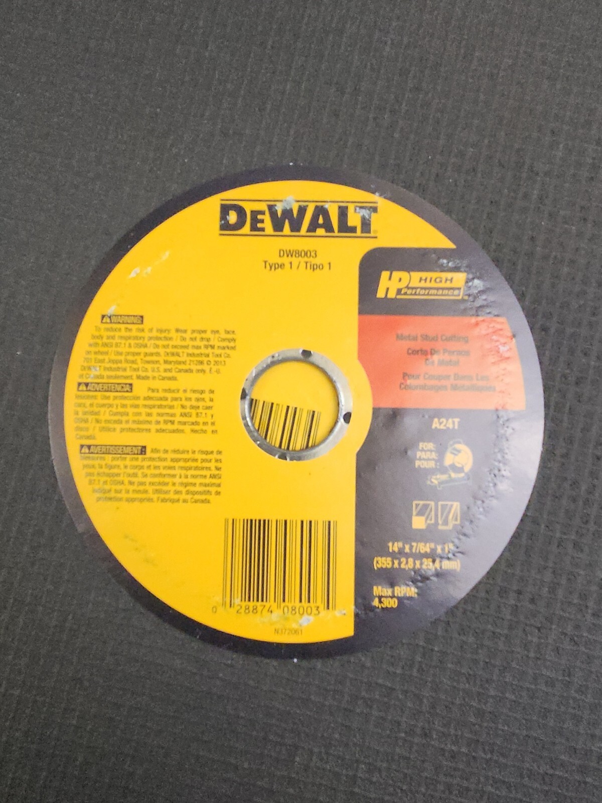 Dewalt DW 8003 14" X 7/64" X 1"  Metal Stud Cutting Chopsaw Wheel 10 Pack New