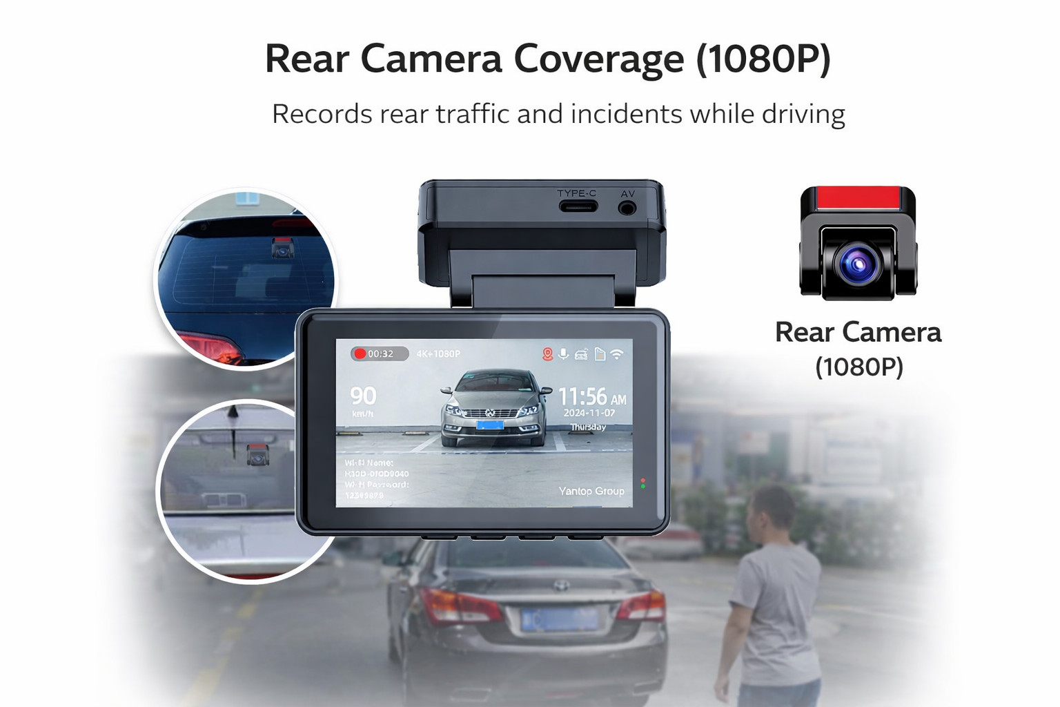 4K Dash Cam Front Rear WiFi GPS 64GB Hardwire Kit Dual Power Night Vision