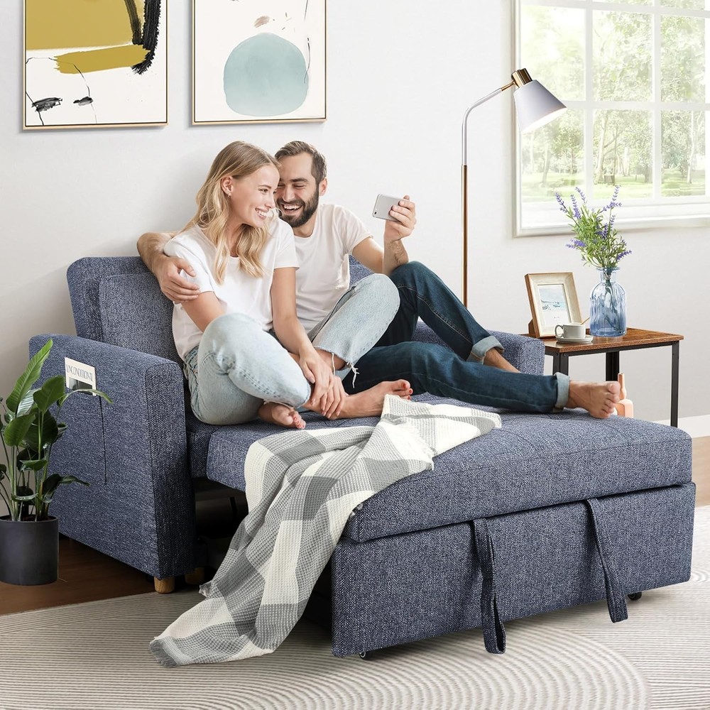 Convertible Sofa Bed, 3-in-1 Sleeper Sofa Pull Out Couch Bed,2-Seater Linen Sofa