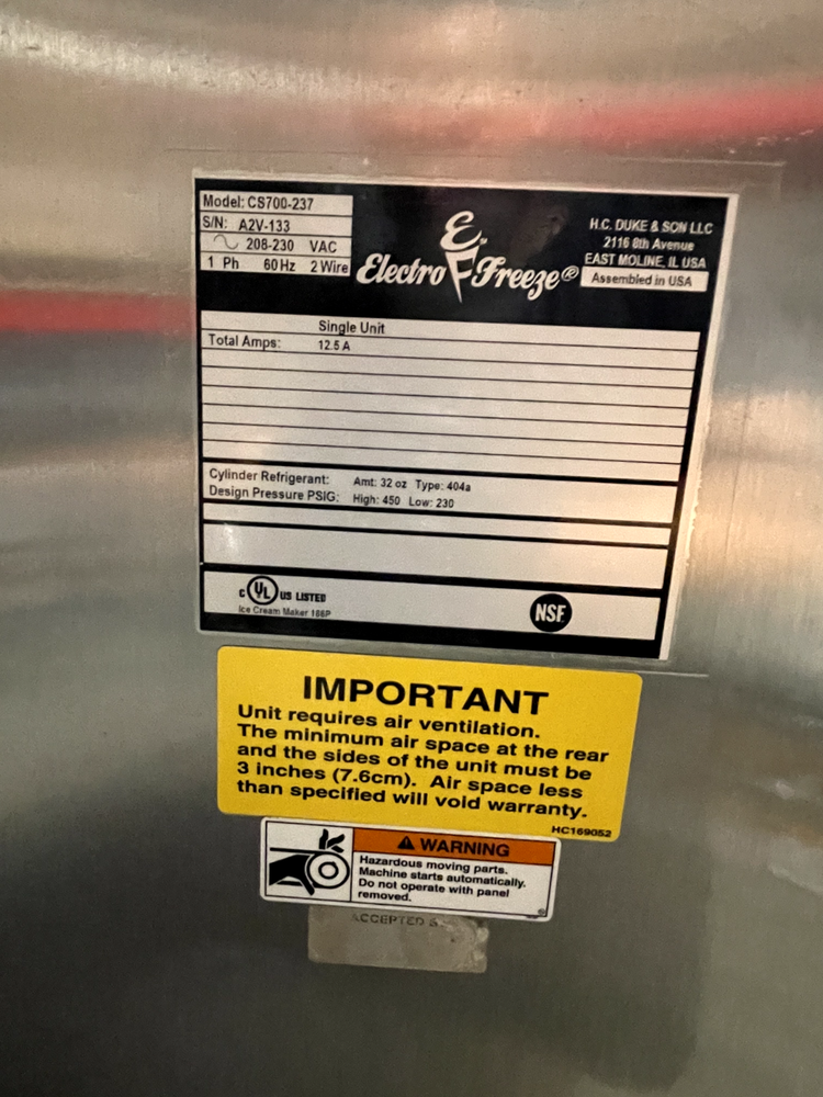 ELectro Freeze Ice Cream Machine/ Shake CS700 Single Phase, Air Cooled