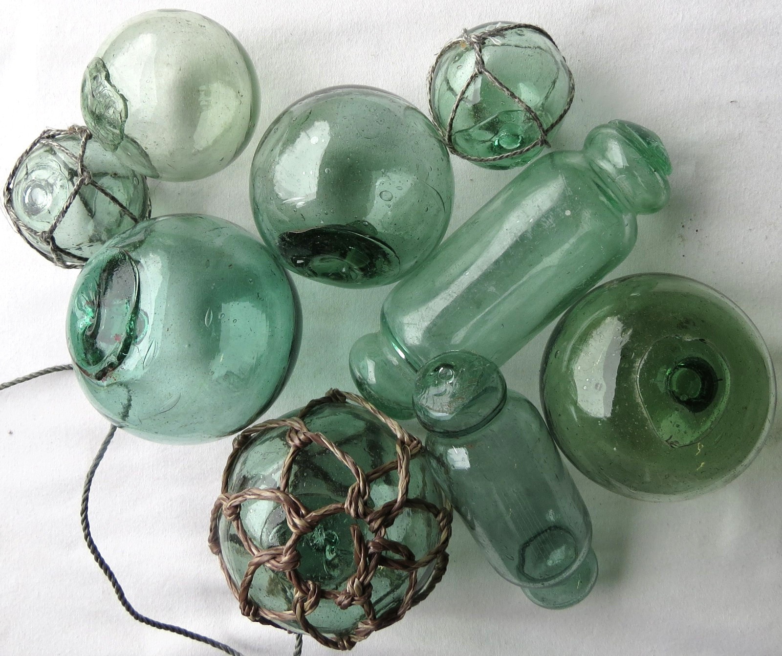 Japanese GLASS FLOATS (9) Sea Greens Mixed Sizes, Shape, Fishing Antiques USA BZ