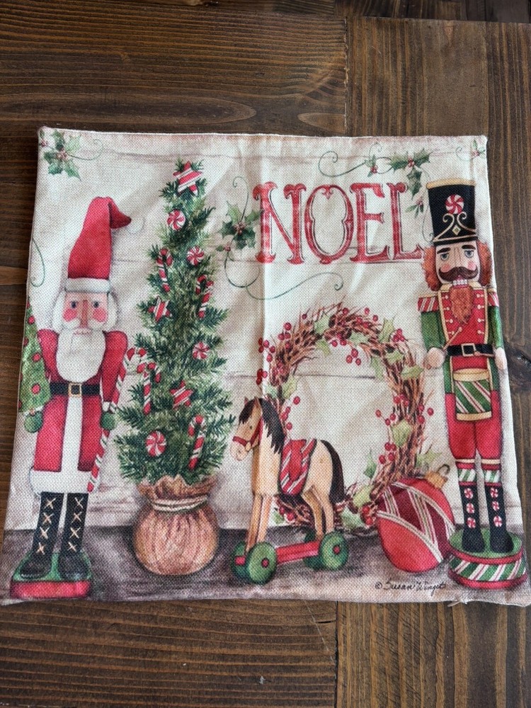 2 Linen Blend Christmas Throw PillowCase, Square Covers. Santa, Nutcracker