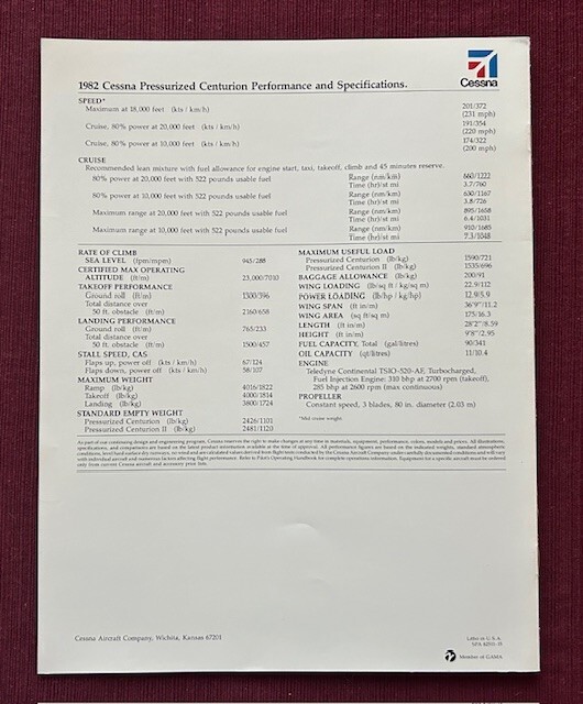 Cessna Pressurized Centurion brochure 1982
