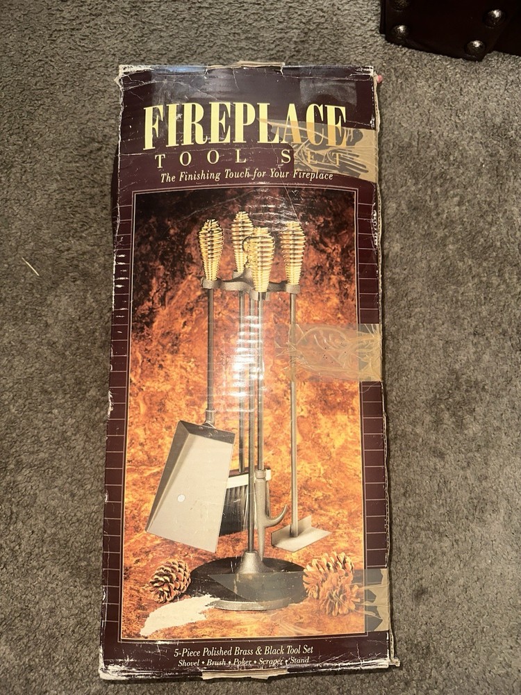 5-Piece Polished Brass & Black Fireplace Tool Set