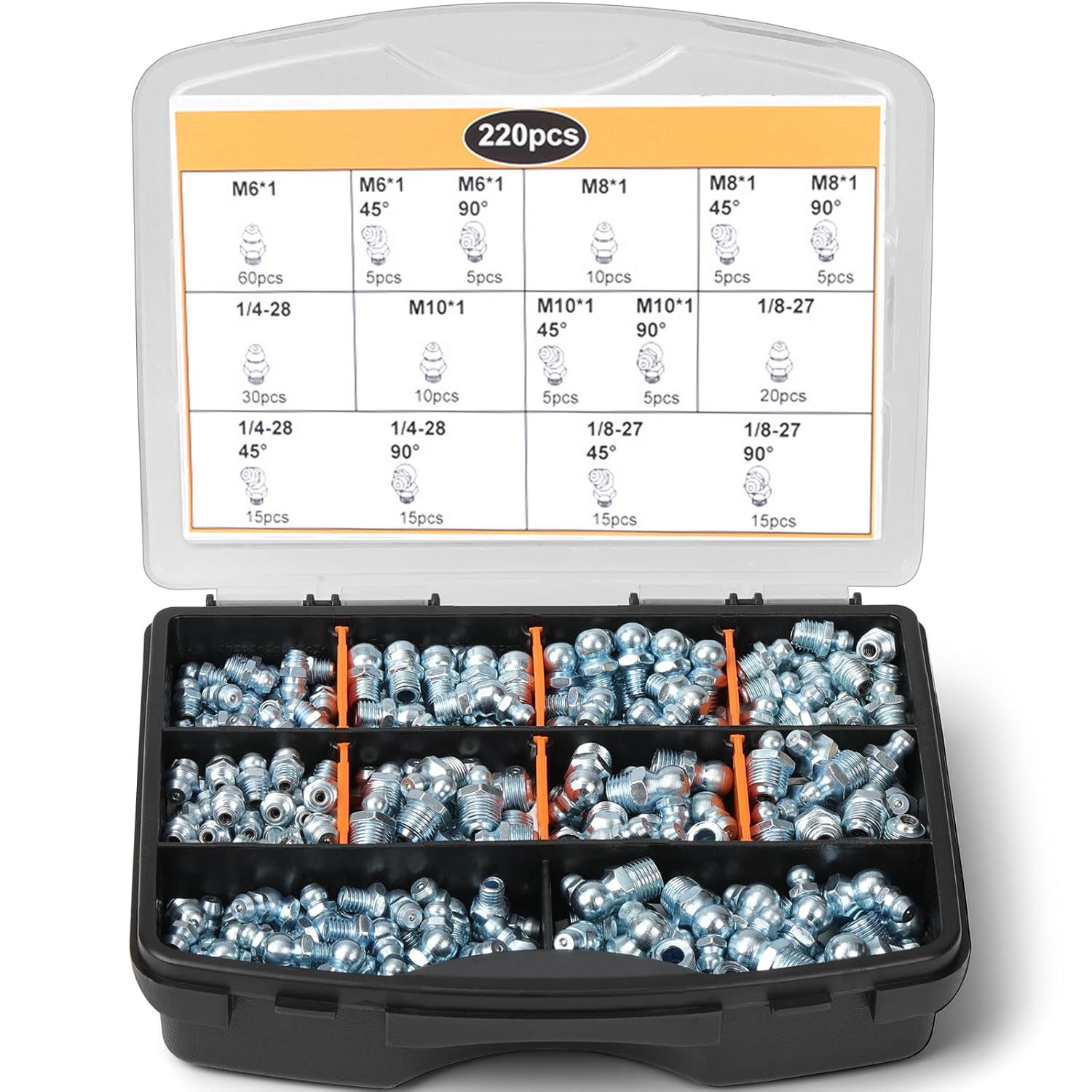 220pcs Metric & SAE Hydraulic Lubrication Grease Zerk Fittings Assortment Set