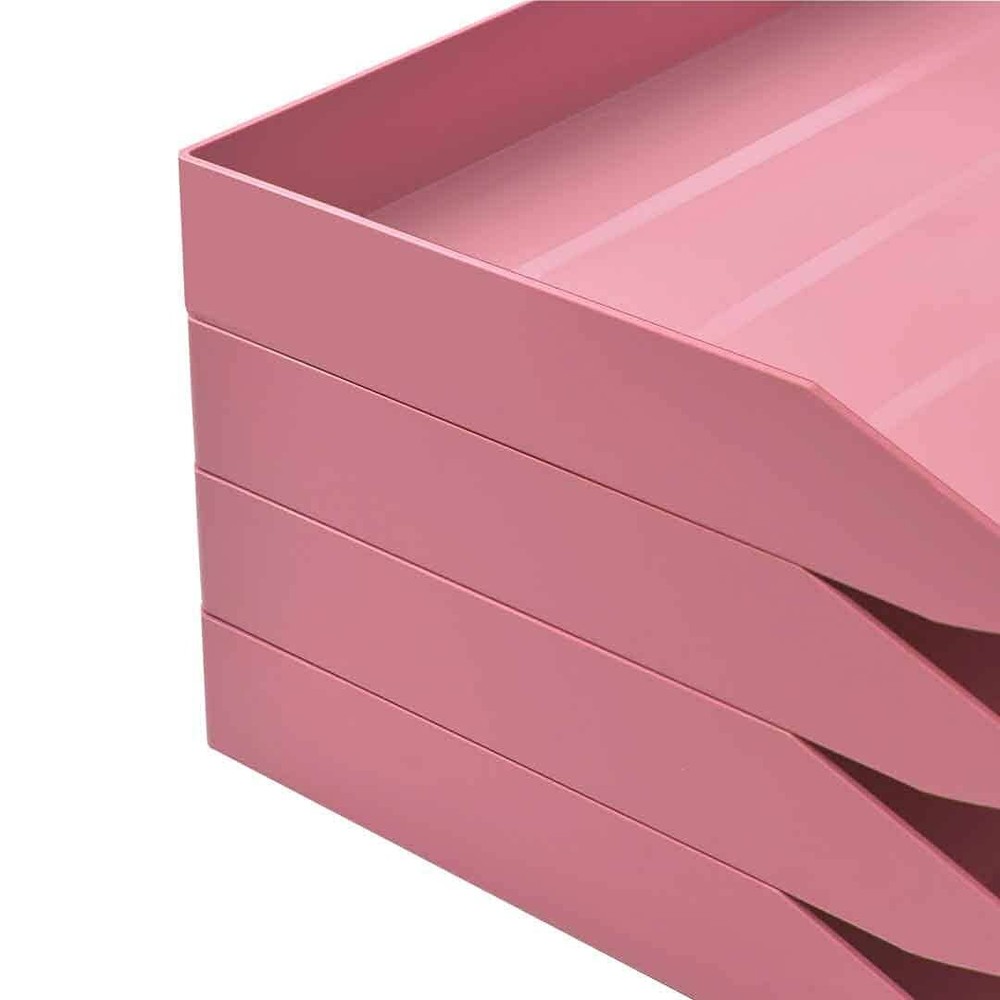 Stackable Letter Tray 4-Tier Side Load Plastic File Organizer Pink