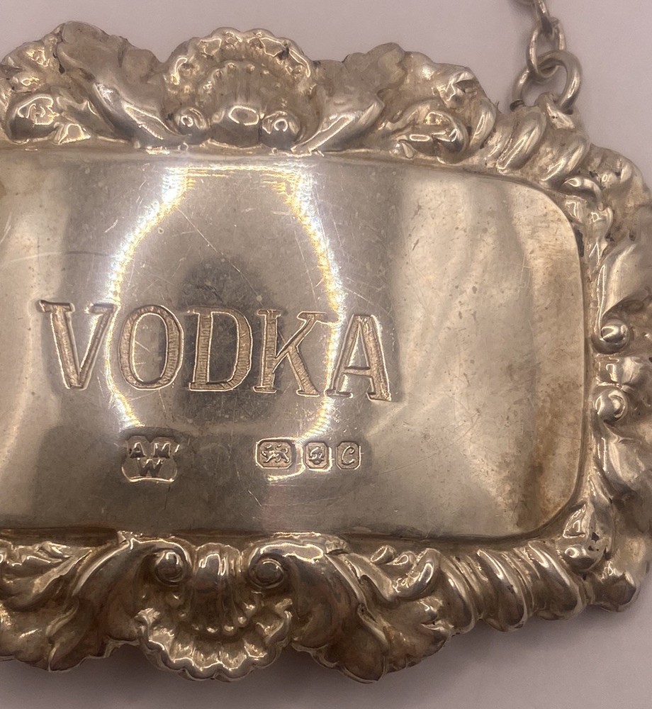 Hallmarked Solid Silver vodka Decanter Label