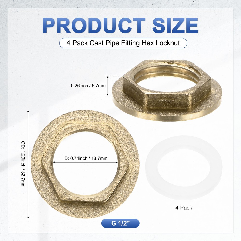 4 Pcs Brass G 1/2" Pipe Fitting Flange Hex Locknuts with Washer