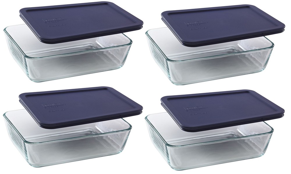 Pyrex 6 Cup Food Storage Container Set with Blue Plastic Lids 4 Pack