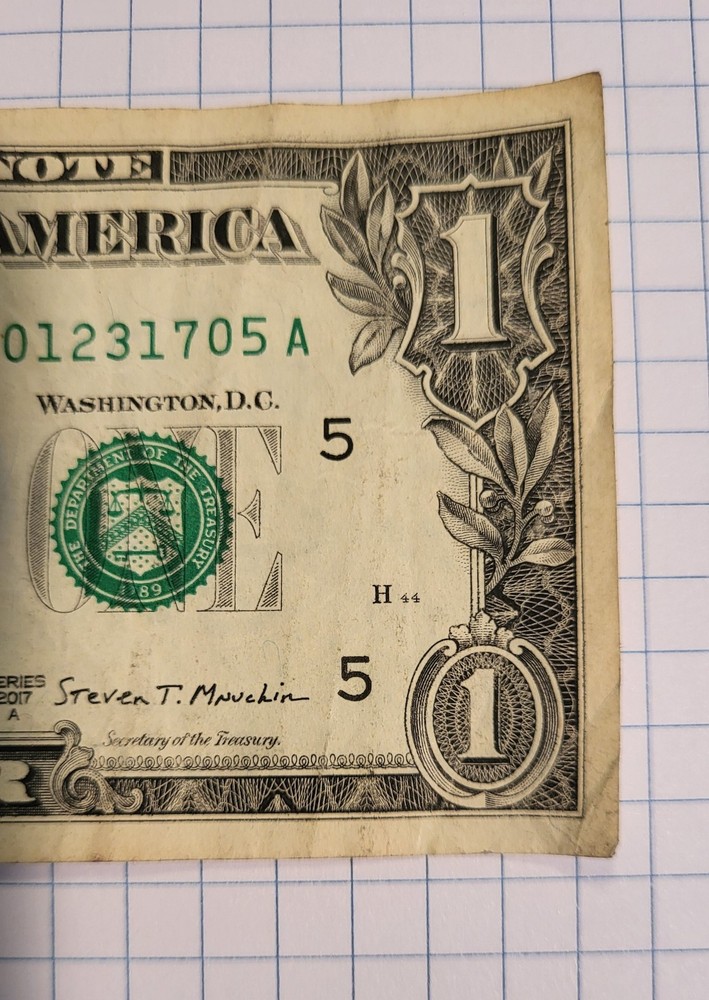 $1 ONE US DOLLAR BILL NOTE MISCUT MISALIGNED OFF CENTER ERROR FANCY SERIAL #