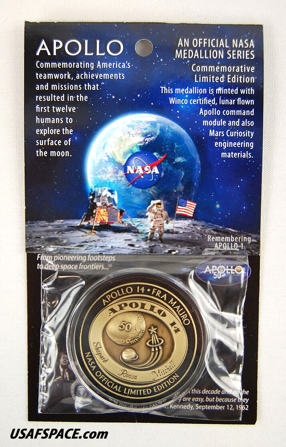 APOLLO-14 - 50th Anniversary - LUNAR FLOWN METAL - NASA MEDALLION - COA - MINT