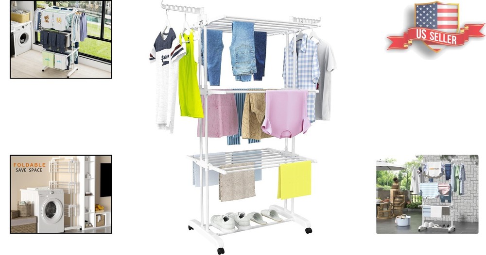 Oversized 4-Tier Foldable Clothes Drying Rack - Stainless Steel - White