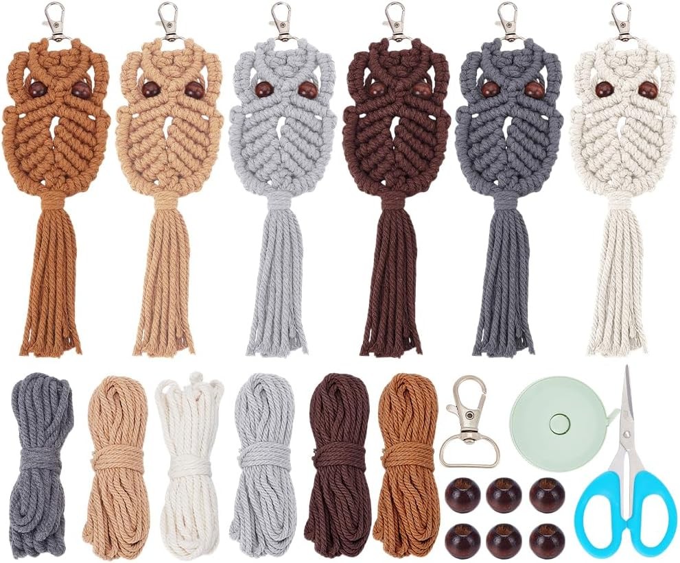 6PCS Owl Macrame Keychain Kit for Adults Beginners Boho Keychain...