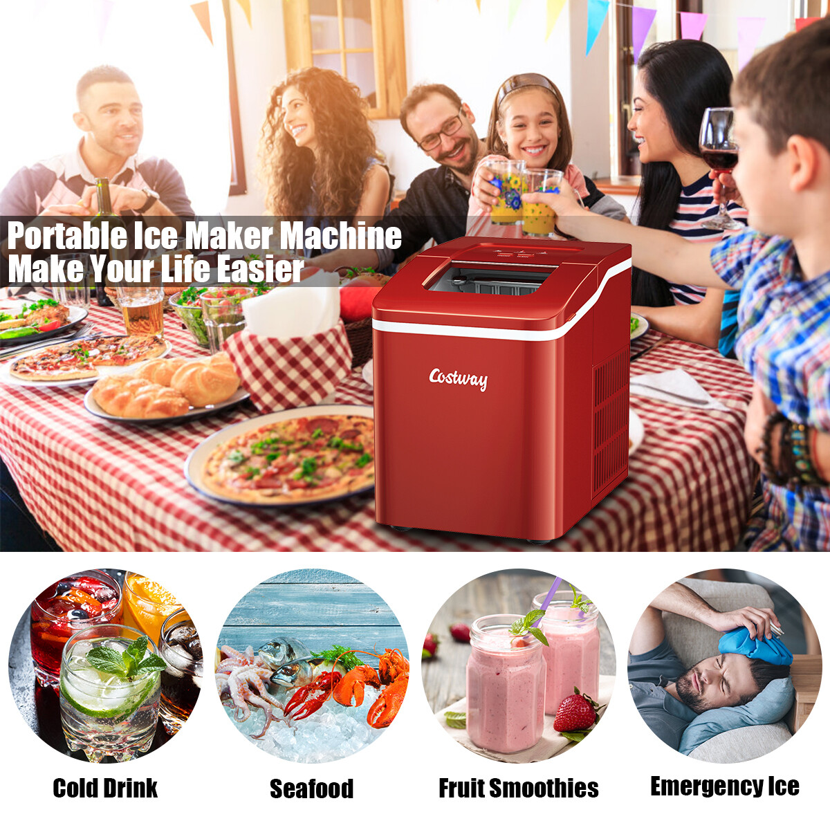Portable Ice Maker Machine Countertop 26Lbs/24H Self-cleaning w/ Scoop Red