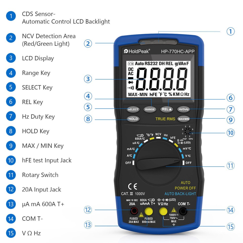 Holdpeak Digital Multimeter TRMS Auto Ranging w/Clamp Adapter 600A AC DC Current