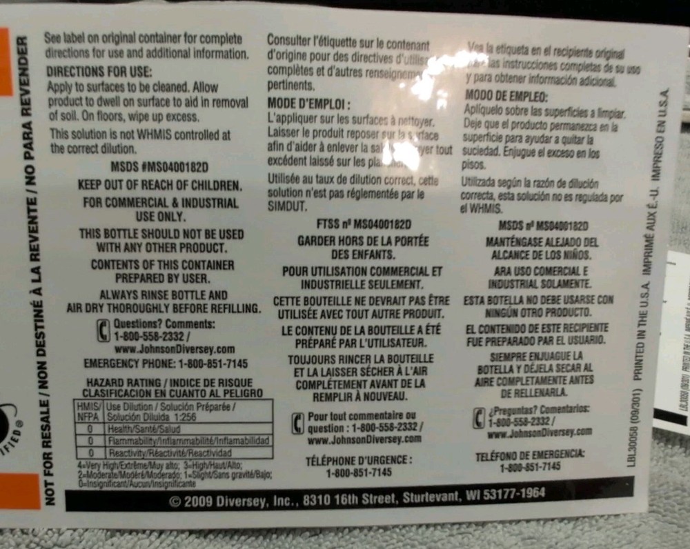 Diversey Raindance Bottle Labels 2 Pack - LABELS ONLY