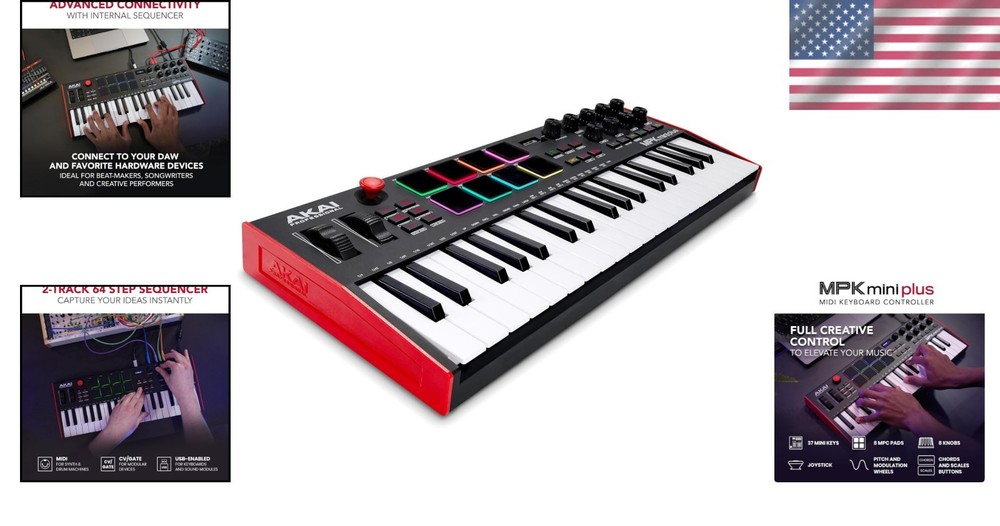 Versatile MPK Mini Plus MIDI Controller - 37 Keys, 8 Pads, Built-in Sequencer