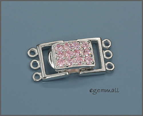 Sterling Silver 3 Strand Rectangle Push Clasp with CZ Pink #51137