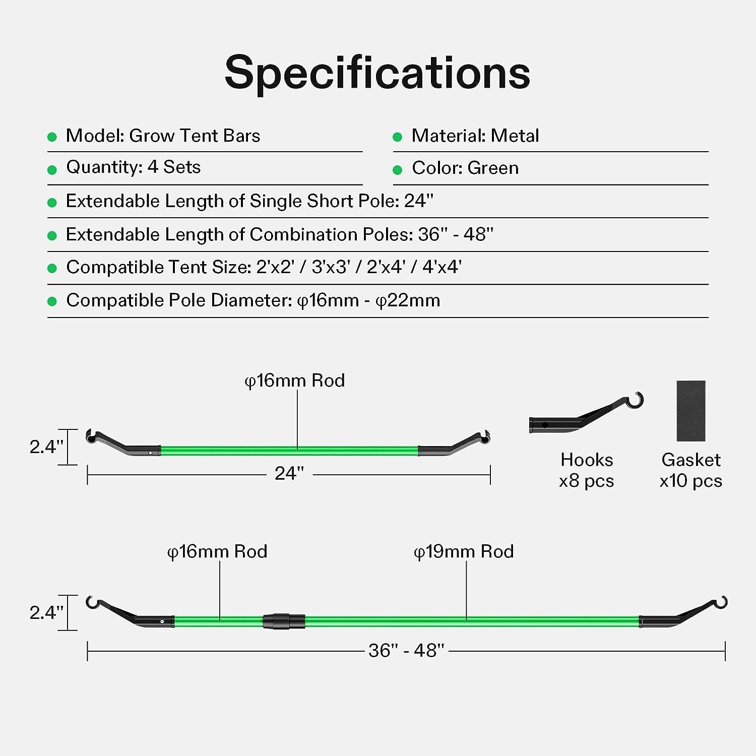 Grow Tent Mounting Bars,Support Pole High CFM Kit, 2'x2'/3'x3'/4'x2'/4'x4' Tent