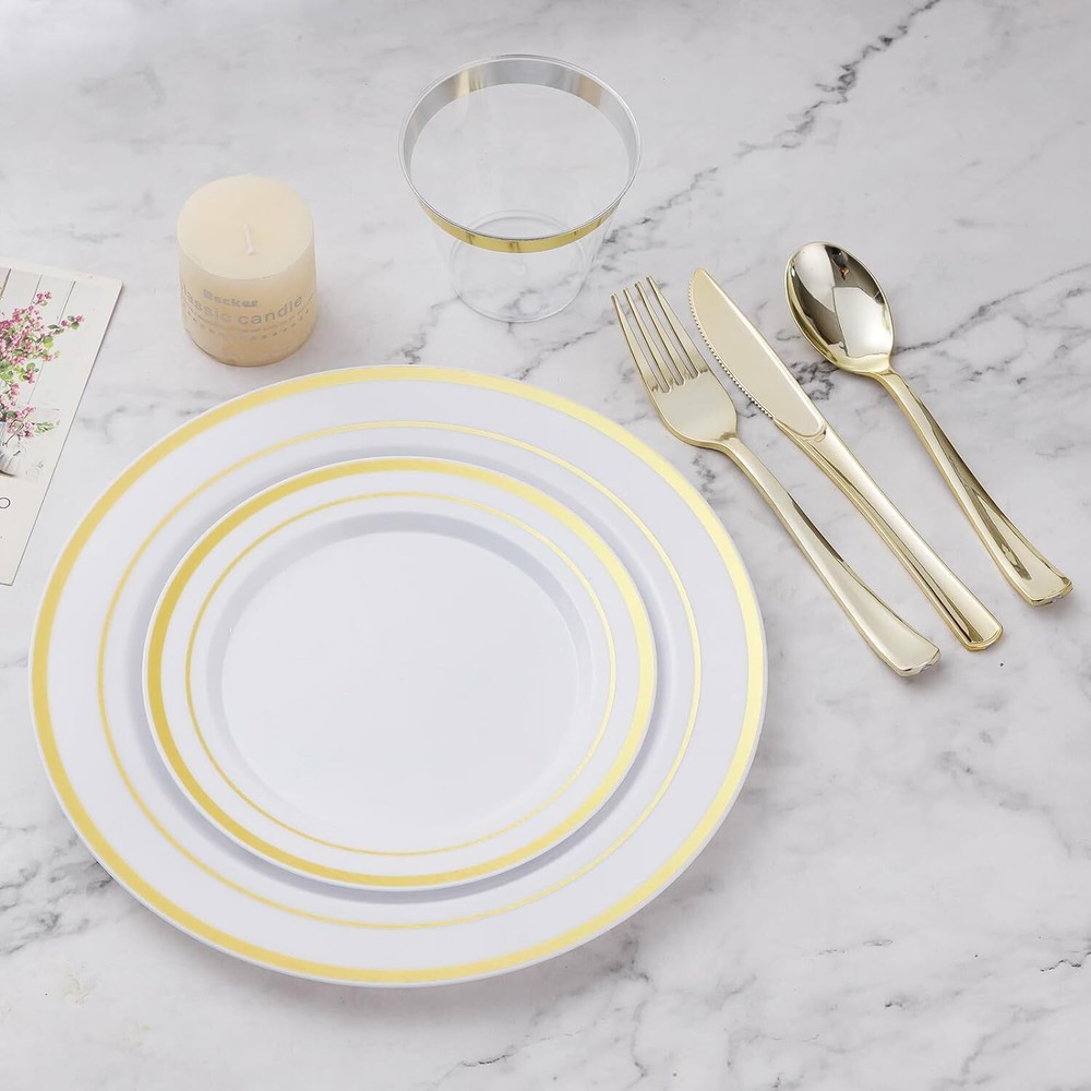 600PCS Dinnerware Set for 100 Guests Gold Disposable Plates Cups Silverware