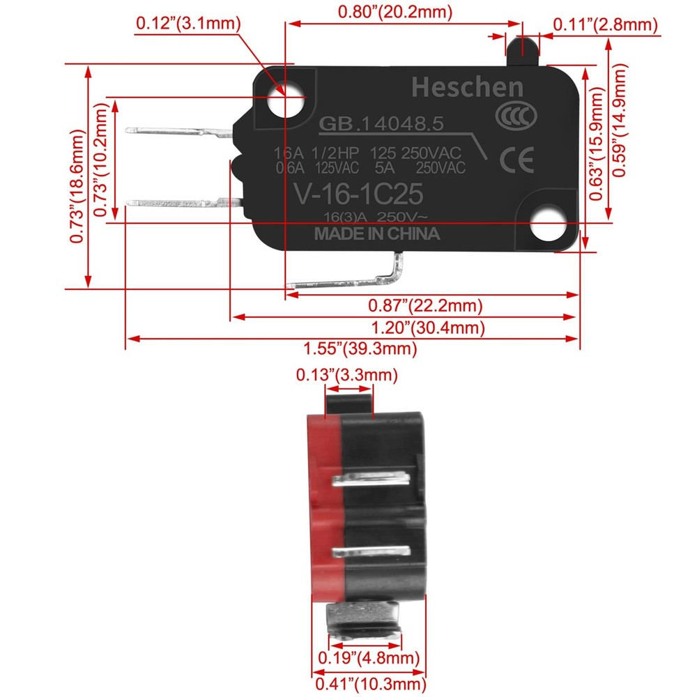 Heschen Micro Switch, V-16-1C25, SPDT, Pin Button Type, 16A 250VAC, 5PCS