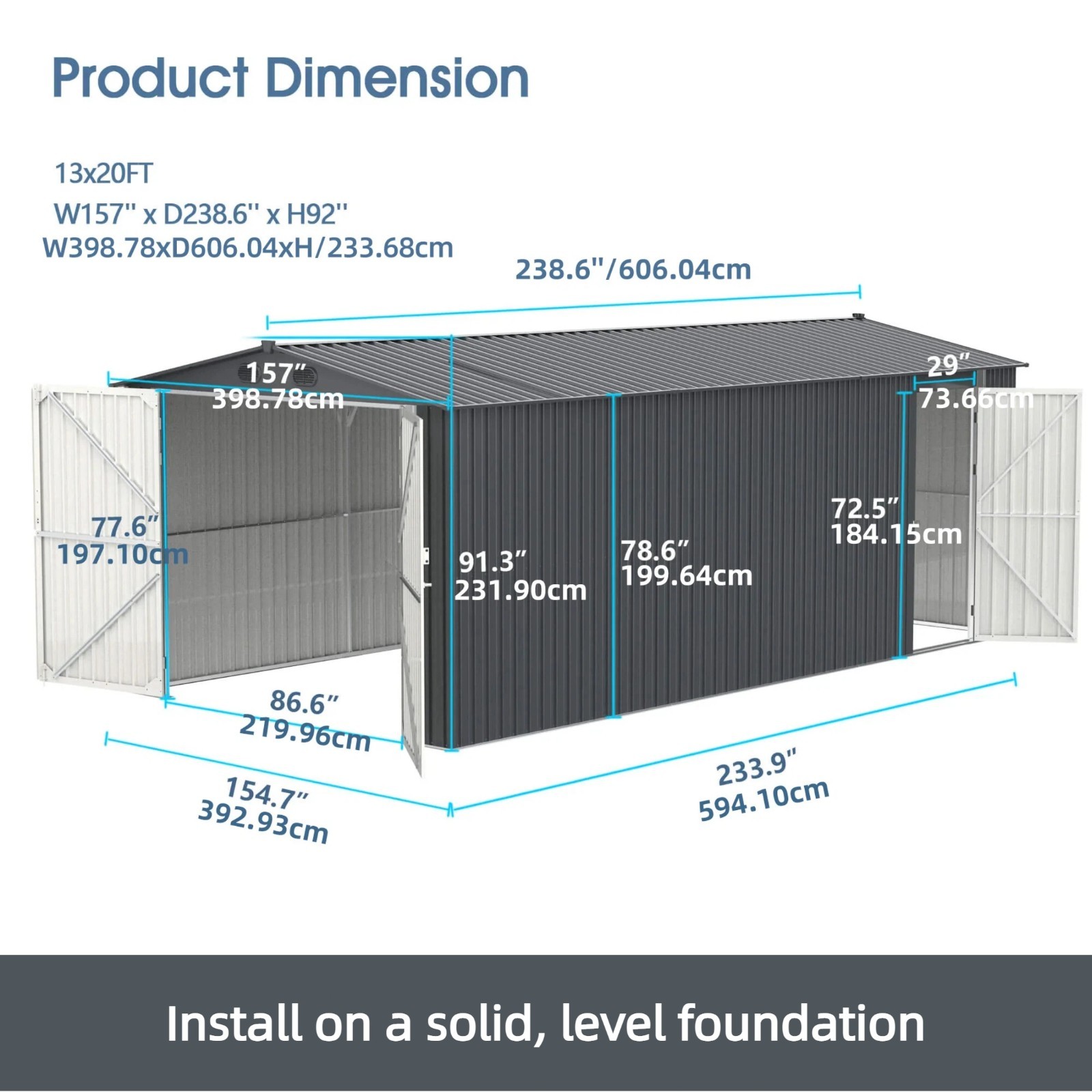 13x20ft Heavy Duty Galvanized Steel Garage Shed, Protective Film, Car Storage
