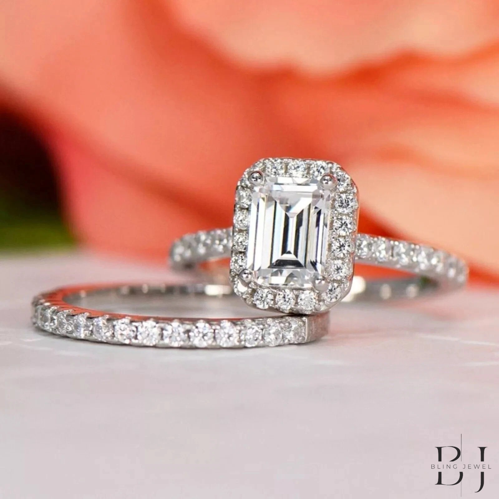2.50 Emerald Cut Halo Moissanite Wedding Bridal Ring Set Solid 14K White Gold