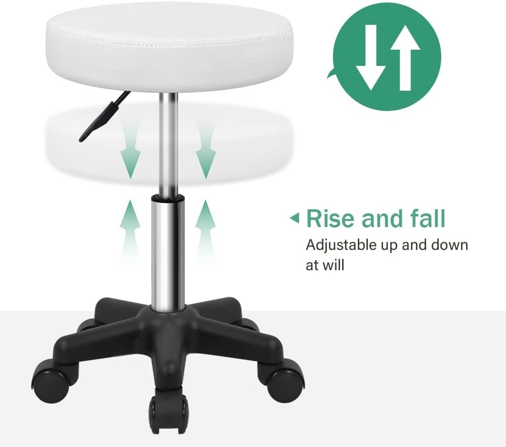 Versatile White Rolling Stool: Compact & Adjustable for Spa and Kitchen Use