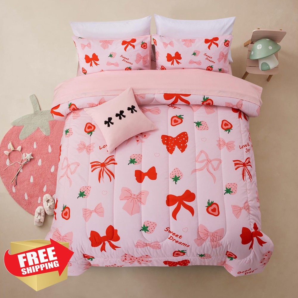 Nice Night Red Bow Comforter Set Queen Pink Strawberry Bedding