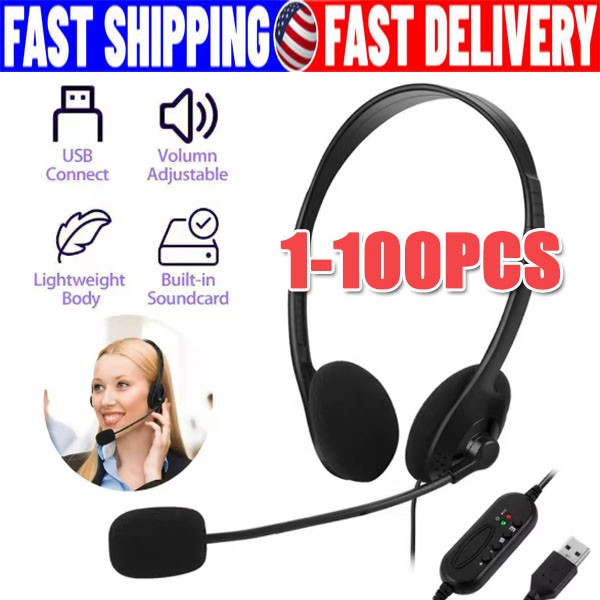 USB Headset Headphone  Microphone Noise Cancelling For PC Computer Call Chat LOT