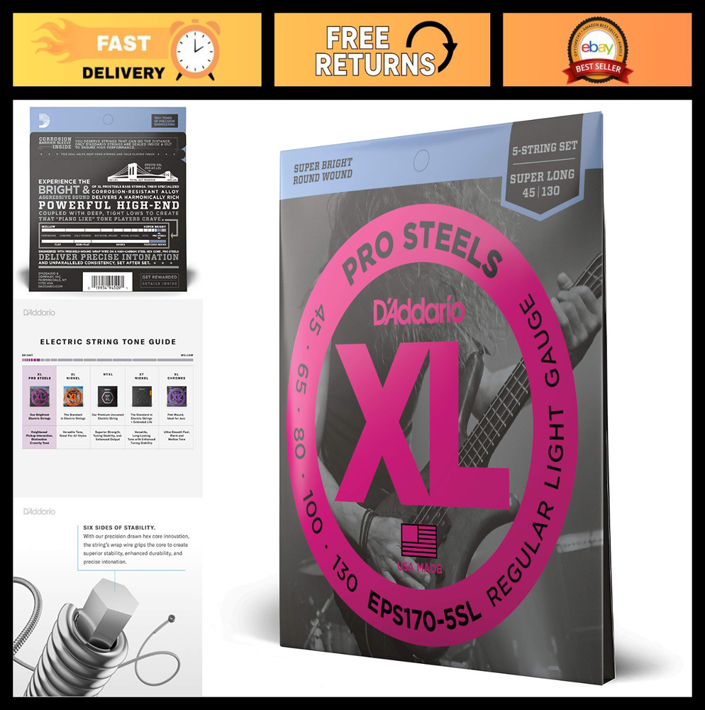 5 String Bass Guitar Strings - Super Long Scale, Regular Light, 45-130, ProSteel