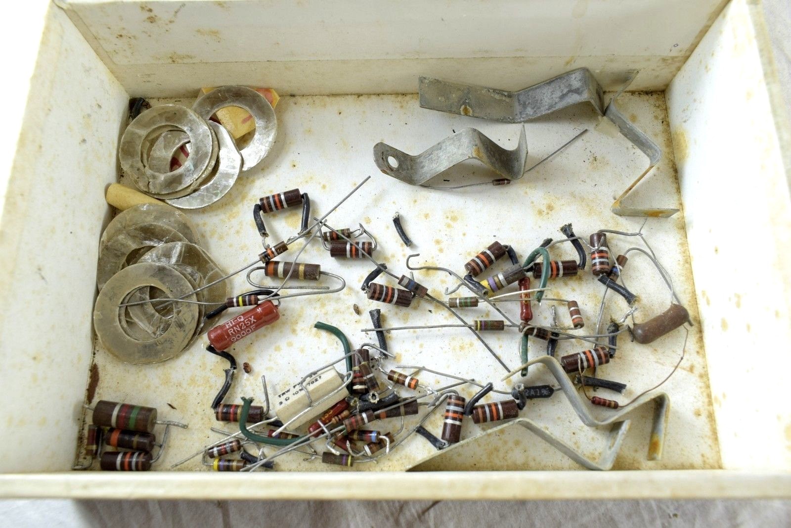 1930's-40's Vintage Tube Radio Resistors Transistors Big Lot 2 Cigar Boxes Full