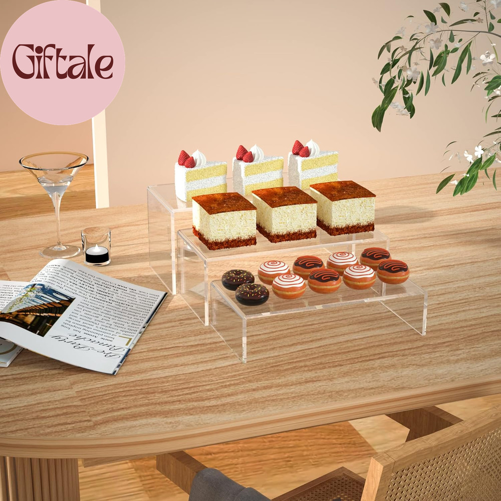 Clear Riser Shelf 3Pcs, Desktop Rectangular Acrylic Display Shelves Organizer, A