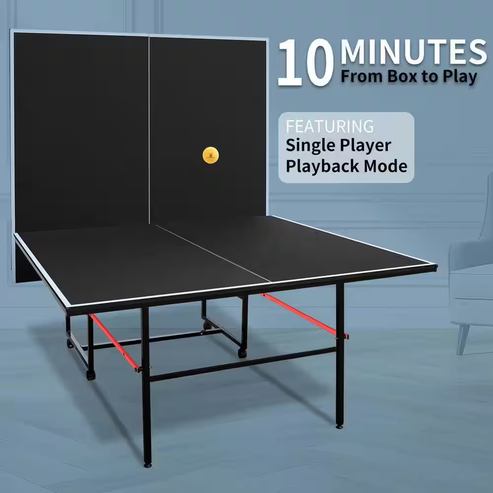Black 9-Foot Medium-Sized Table Tennis Table, Foldable, Includes Net, 2-Table Te