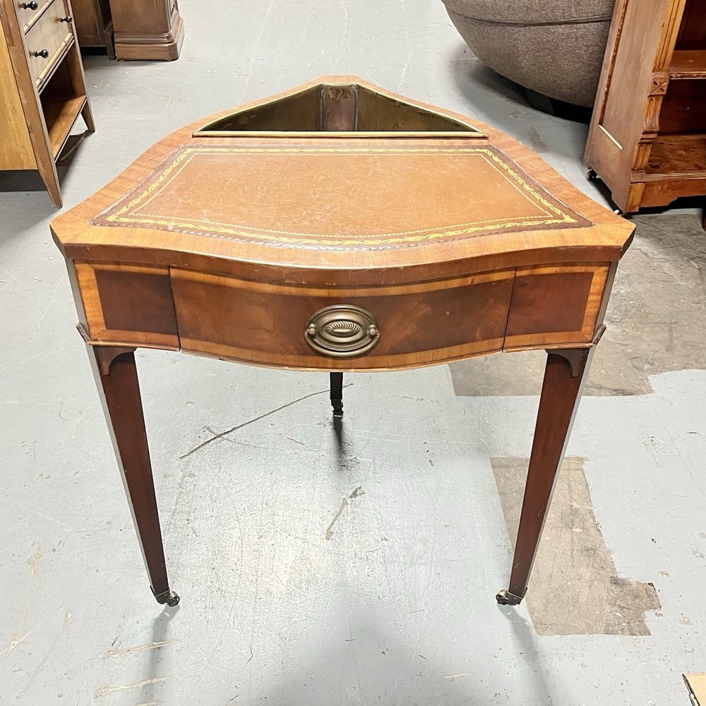 Rare ATQ Regency Style Leather Top Triangular Side Table W/Drawer Brass Pocket