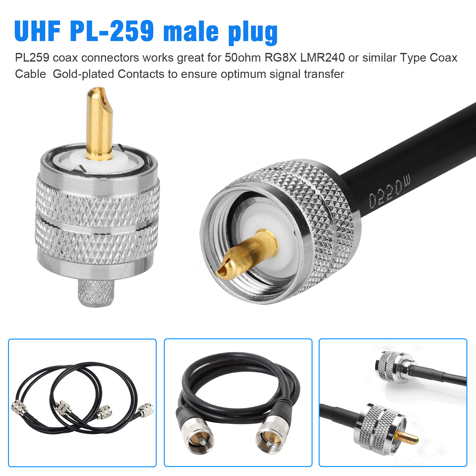 10x UHF PL-259 Male Plug Crimp-Type Connectors for RG8X LMR240 Coax Wire Adapter
