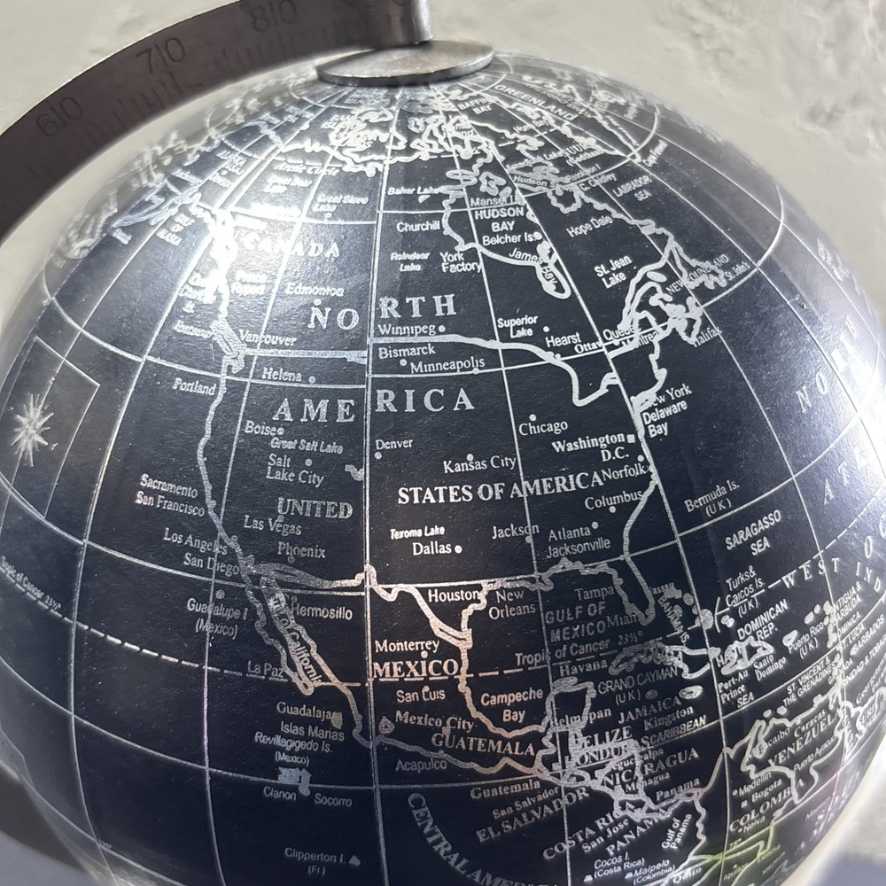 Globe Decor Black Globe With Silver Writing Used In Good Condition