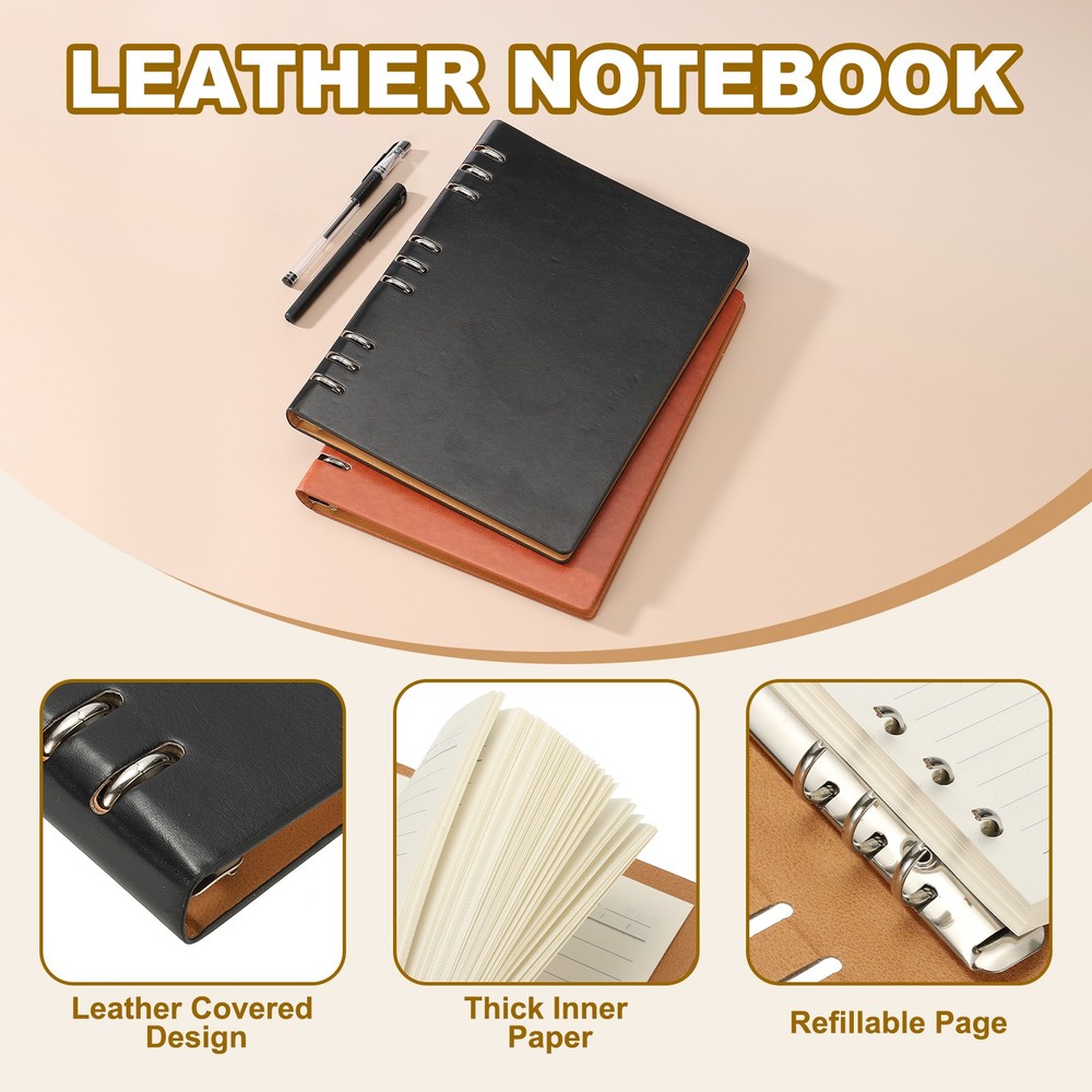 B5 Refillable Leather Notebook, 9 Ring Hardcover Binder Notebook, Black