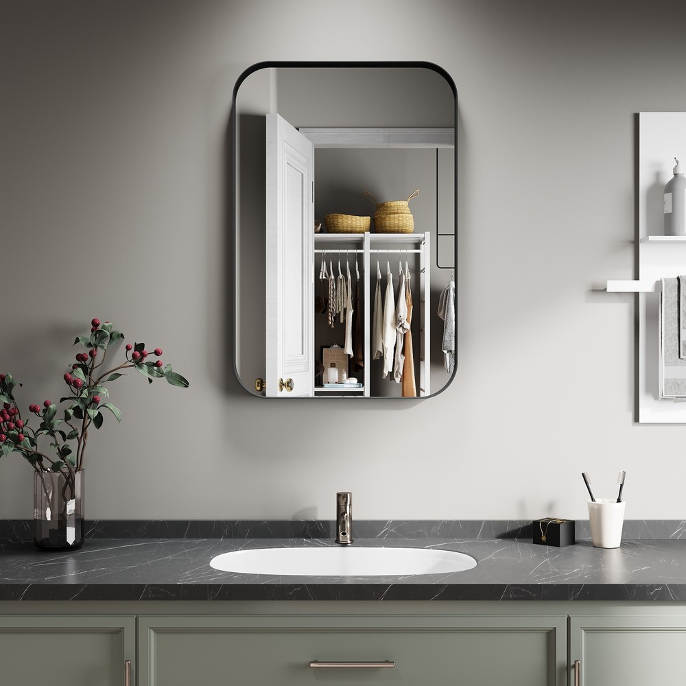 36" x 24" Bathroom Wall Mirror Rounded Corner Rectangle Vanity Mirror Black