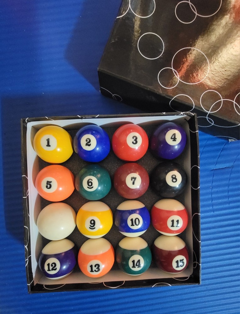 Complete Multicolor Billiard Ball Set Numbers 1-15 Full Set Includes Storage Box