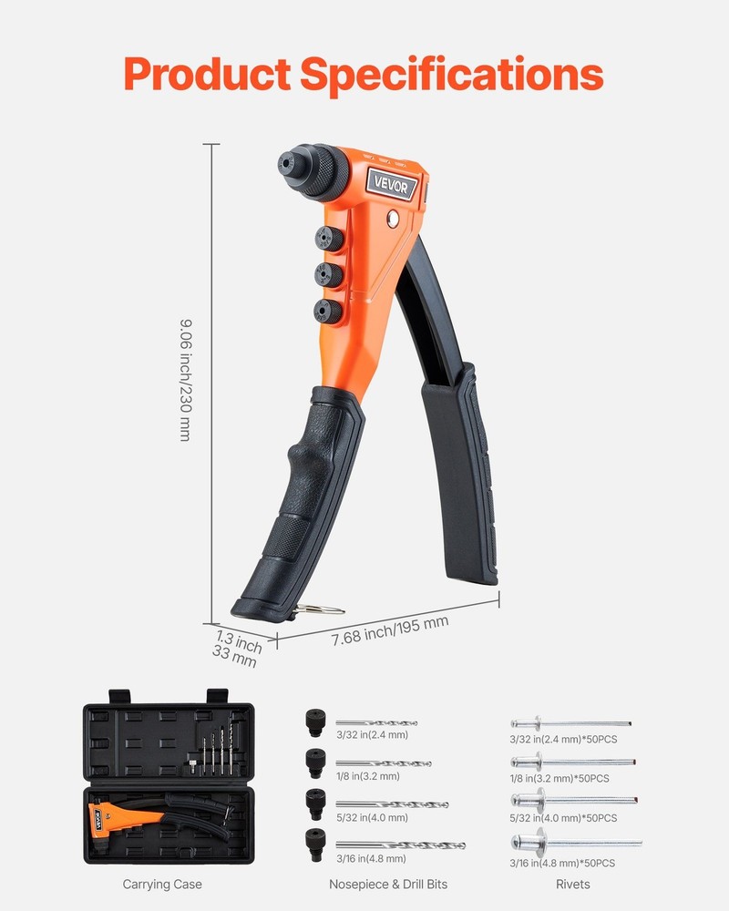 Hand Riveter Gun Kit Heavy Duty + 200 Rivets, 4 Drill Bits, Case - Metal Work