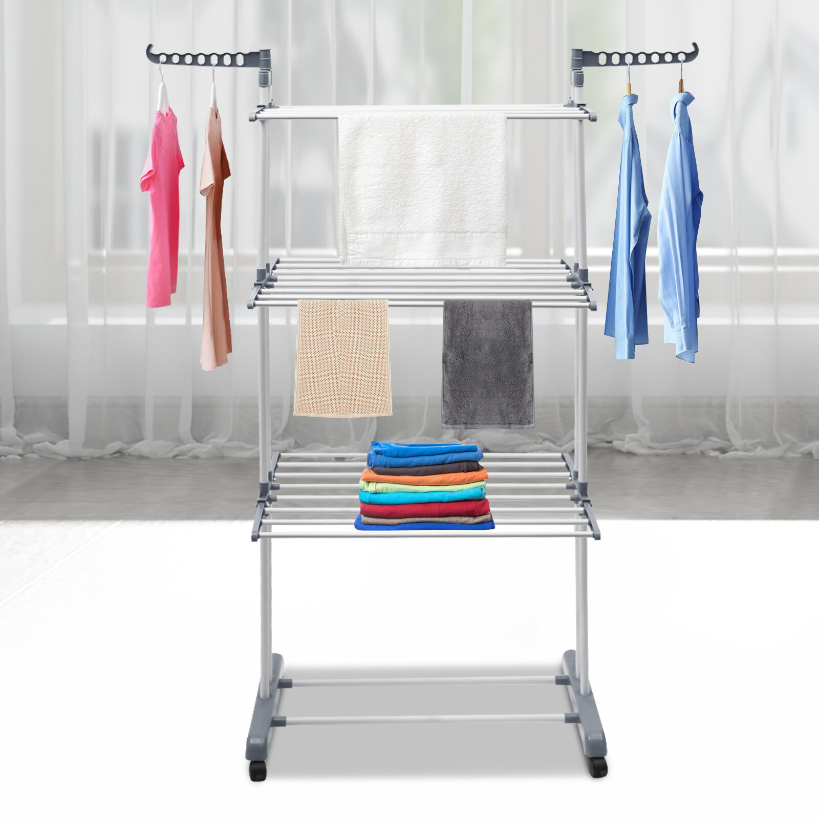 4 Tier Mobile Clothes Drying Rack Metal Laundry Garment Dryer Stand W/Wheels