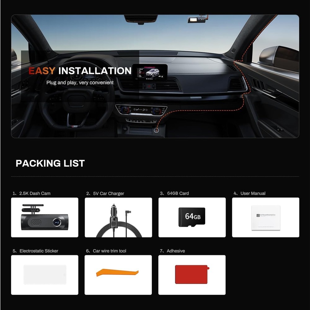 Wireless 2.5K Dash Cam with App Control & Night Vision Technology