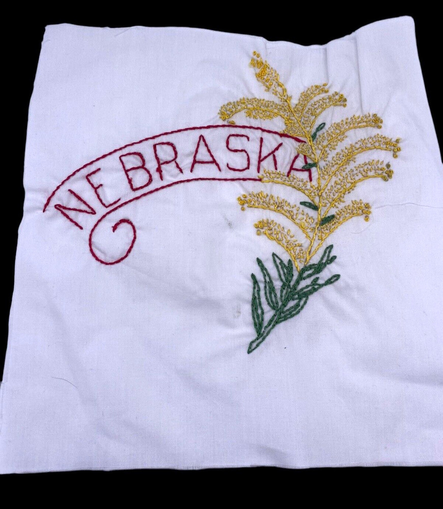 Nebraska Embroidered Quilted Square Frameable Art State Needlepoint Vintage