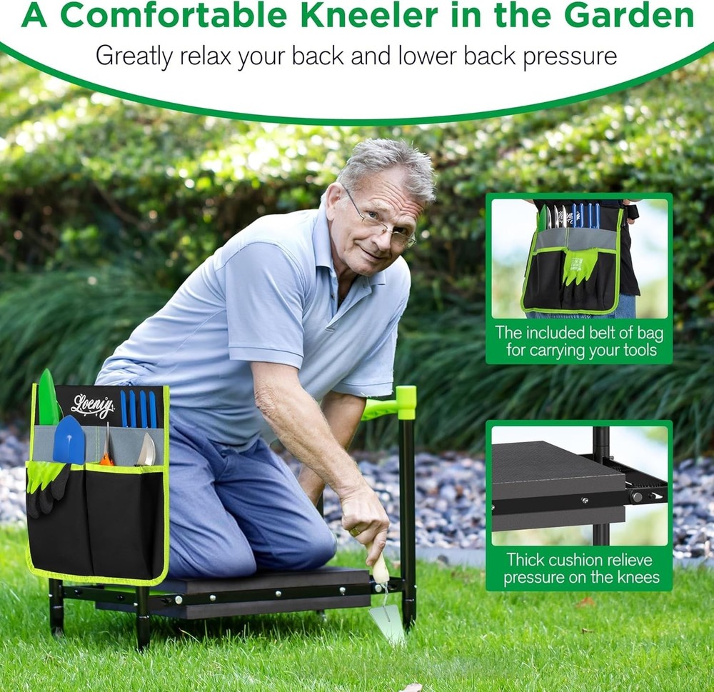 Ergonomic 10.8” Gardening Stool with Tool Pouch - Durable & Portable Design
