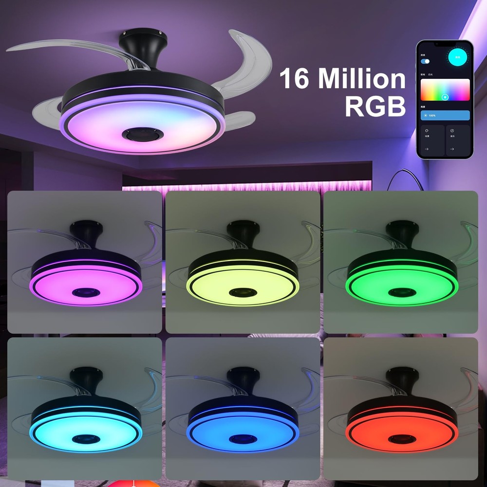 42'' Retractable Ceiling Fan with Lights, Smart Ceiling Fan Light with Blueto...