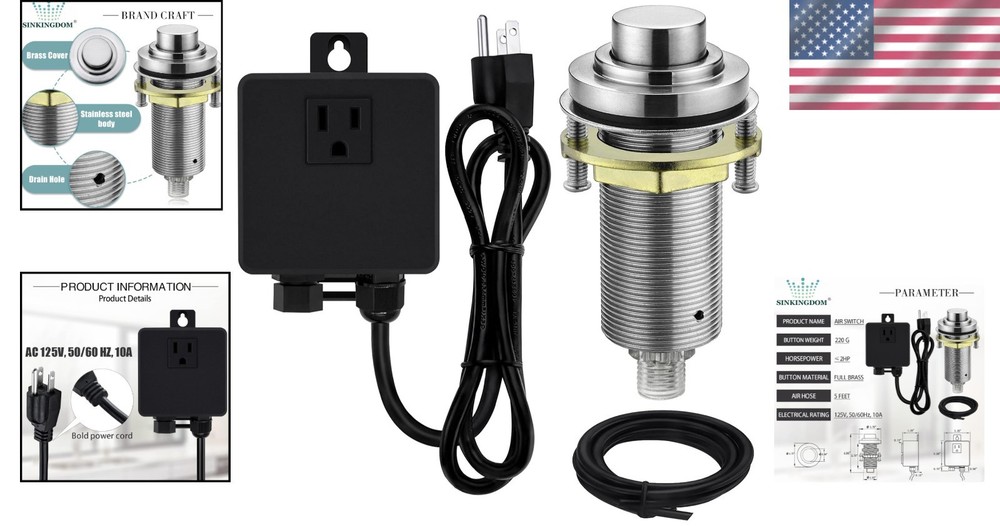 Brushed Nickel Air Switch Kit: Full Brass, Long Button, Garbage Disposal, Cert