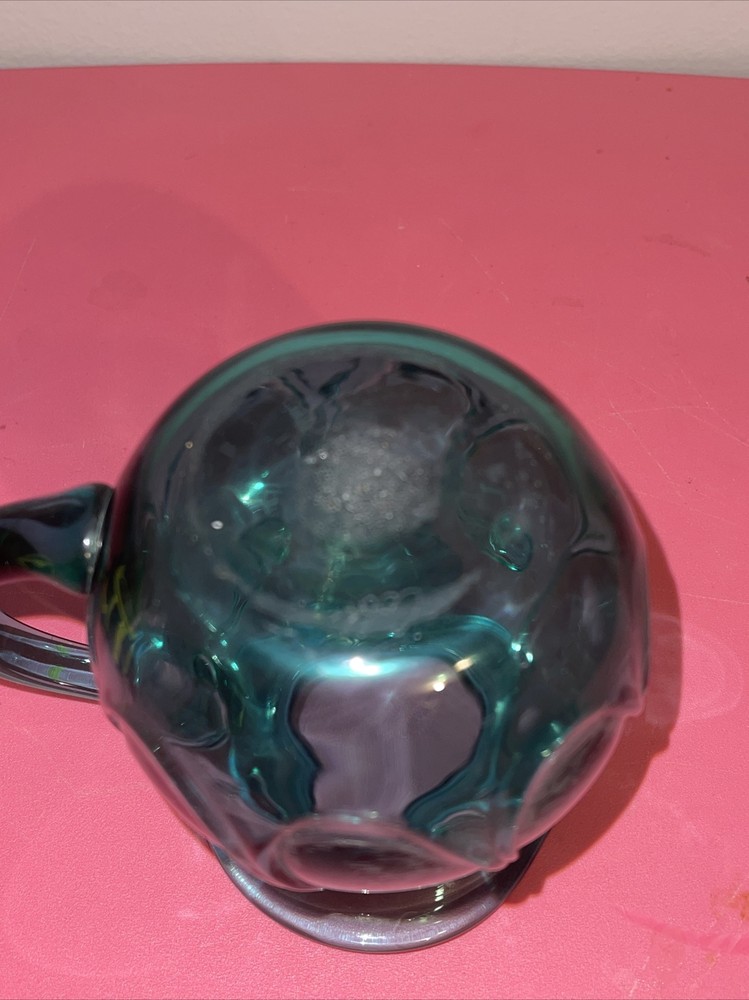 Hand Blown Blue Glass Pitcher Wave Pattern 5”