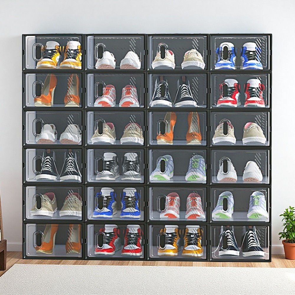 24-Pack Shoe Storage Boxes - Stackable, Door, Plastic Mesh, Black & Small Size